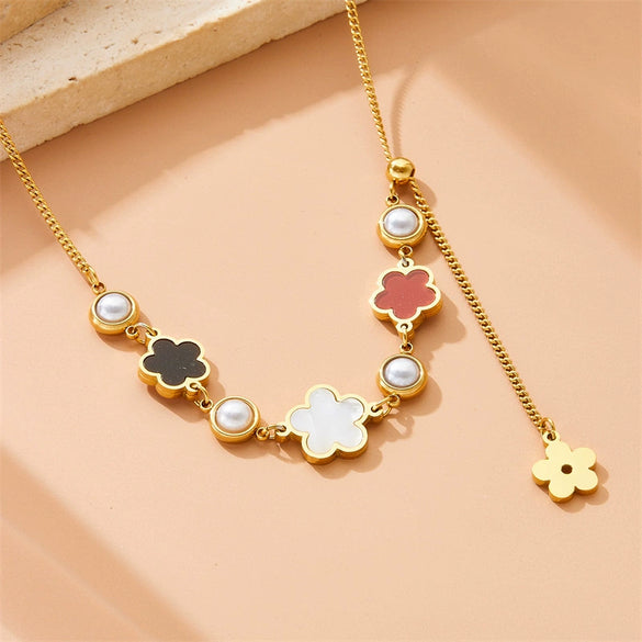 Fashion White Shell Five Petal Flower Pendant Long Tassel Chain Stainless Steel Gold Plated Women's Jewelry Necklace
