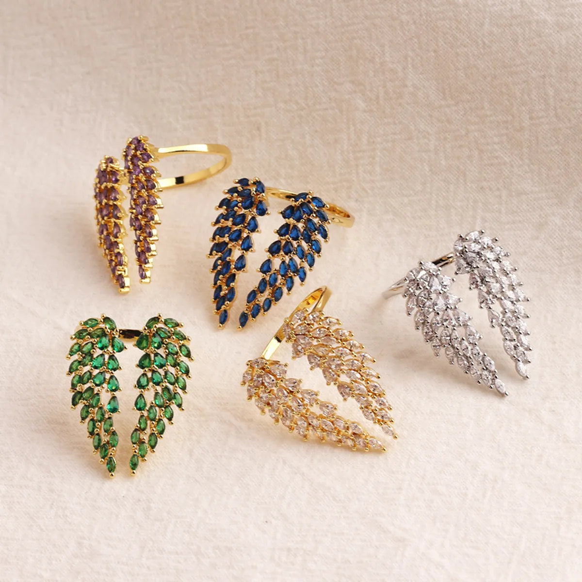 Fashion Wings Copper Gold Plated Zircon Rings In Bulk