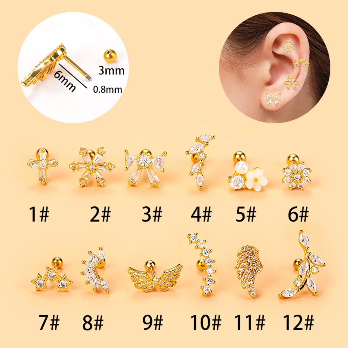 Fashion Wings Flower Stainless Steel Copper Plating Inlay Zircon Ear Studs 1 Piece