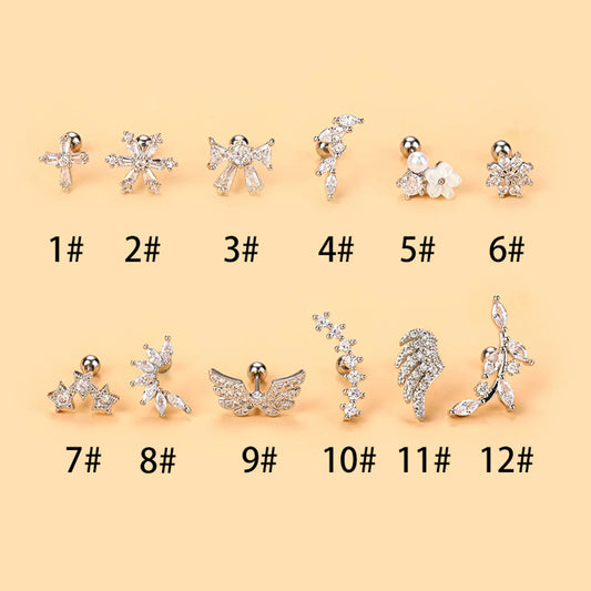 Fashion Wings Flower Stainless Steel Copper Plating Inlay Zircon Ear Studs 1 Piece