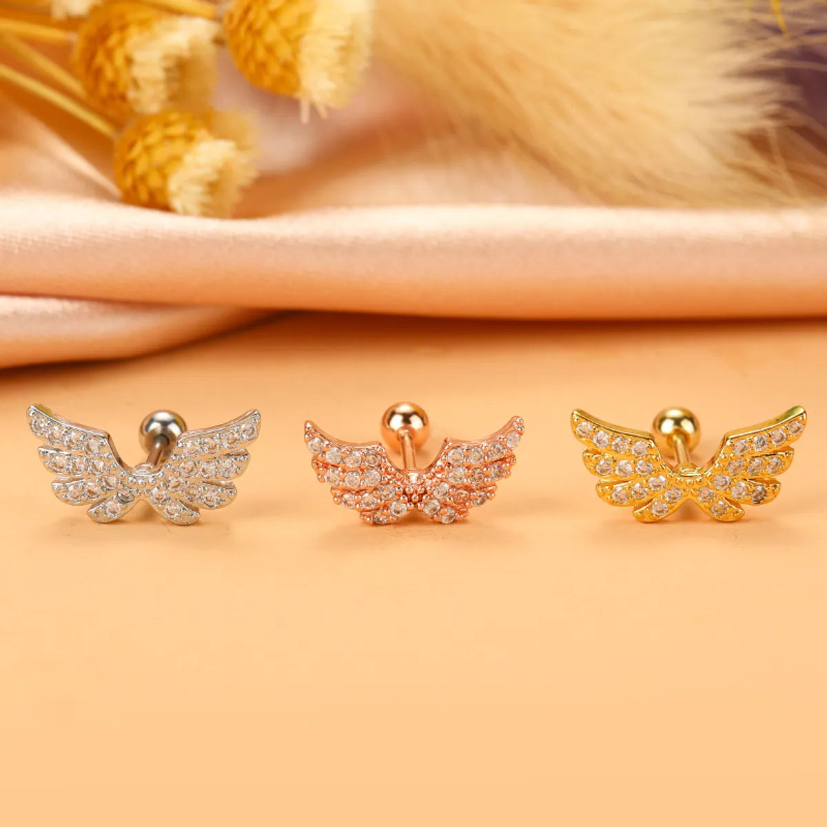 Fashion Wings Flower Stainless Steel Copper Plating Inlay Zircon Ear Studs 1 Piece