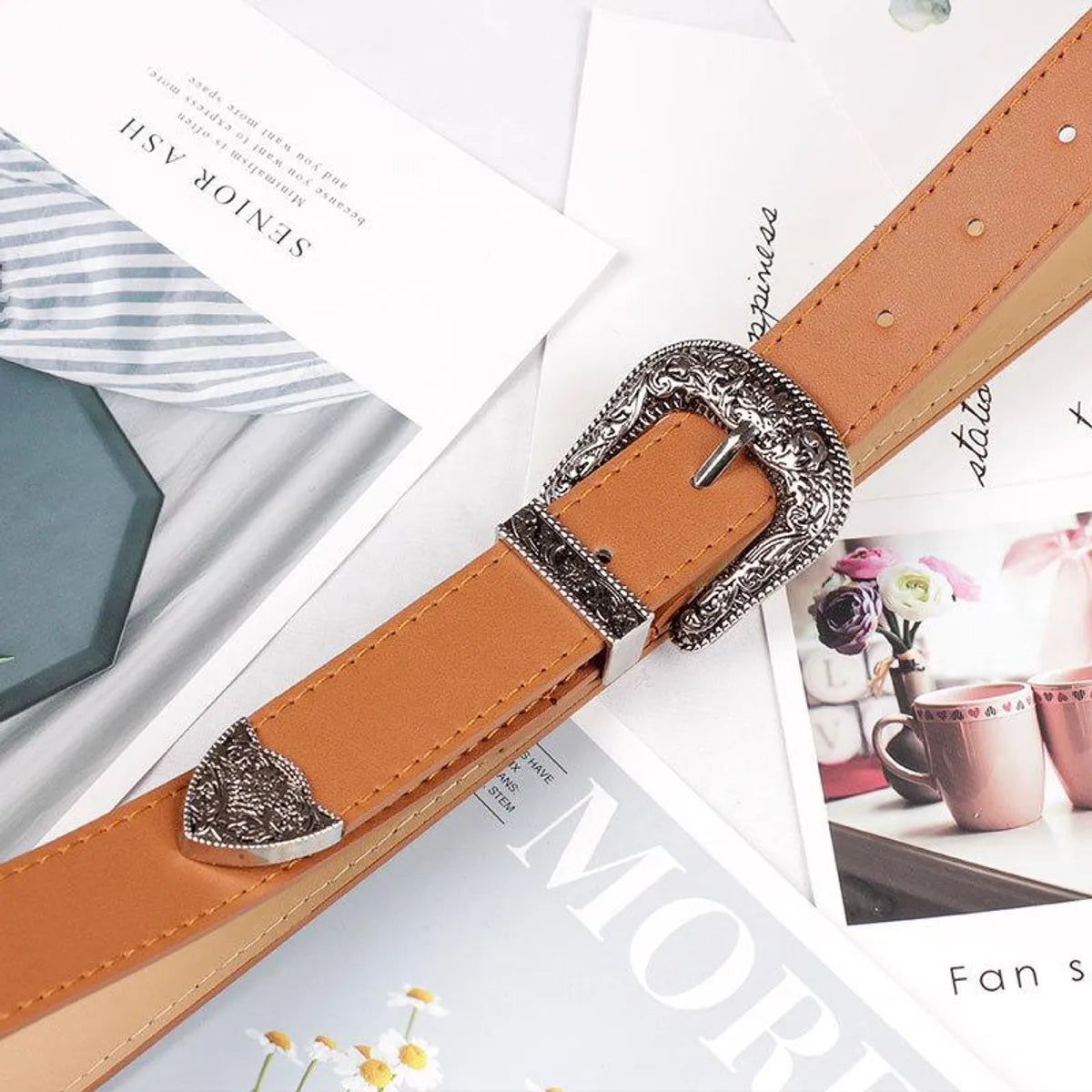 Fashion Woman Leather Metal Buckle Carved Belt Strap For Dress Jeans Nhpo134109