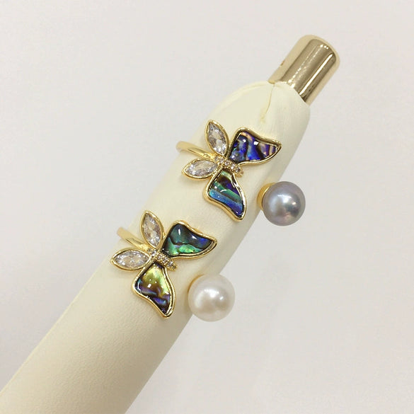 Fashion Women Freshwater Pearl Ring With Abalone Shell Butterfly Copper Accessories Electroplated 18K Real Gold Oblate And Treated Bun Round Pearl Shape