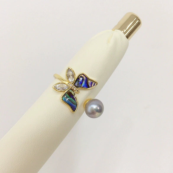Fashion Women Freshwater Pearl Ring With Abalone Shell Butterfly Copper Accessories Electroplated 18K Real Gold Oblate And Treated Bun Round Pearl Shape