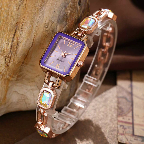 Fashion Women's Alloy Bracelet Watch With Square Dial And Colorful Gemstone