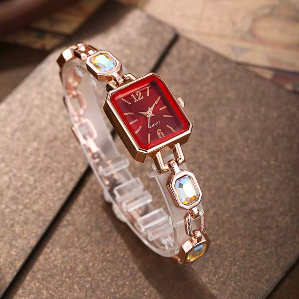 Fashion Women's Alloy Bracelet Watch With Square Dial And Colorful Gemstone