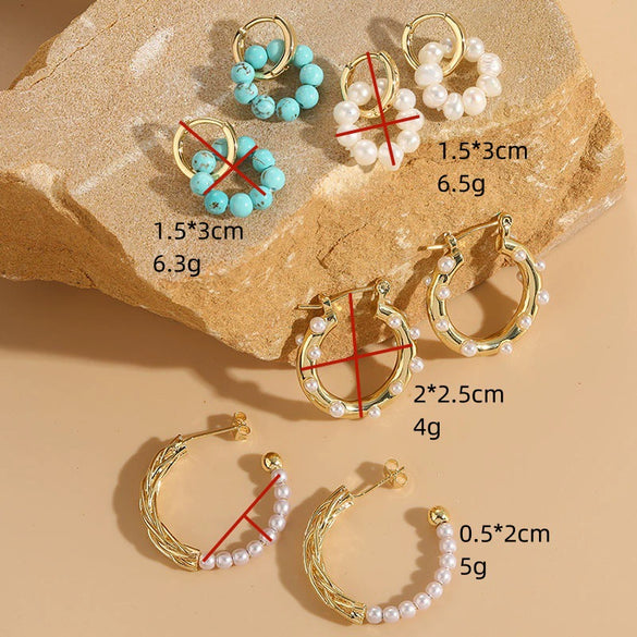 Fashion Women's Freshwater Pearl Natural Stone Copper 14K Gold Plated Geometric Earrings