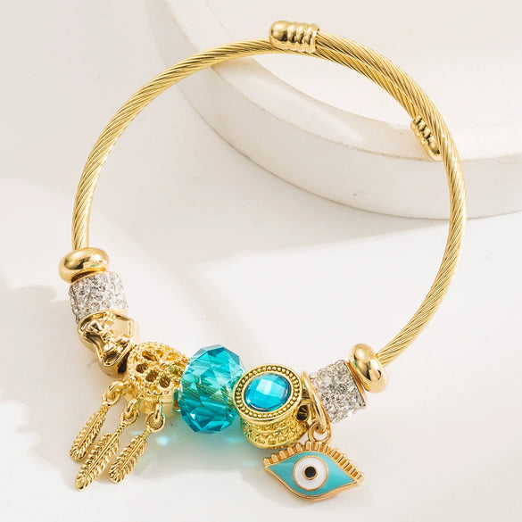 Fashion Women's Golden Devil's Eye Diamond Pendant Stainless Steel Alloy Bracelet