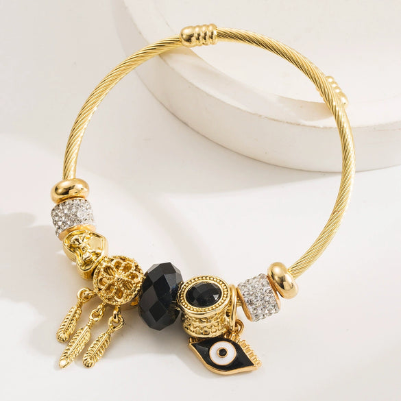 Fashion Women's Golden Devil's Eye Diamond Pendant Stainless Steel Alloy Bracelet