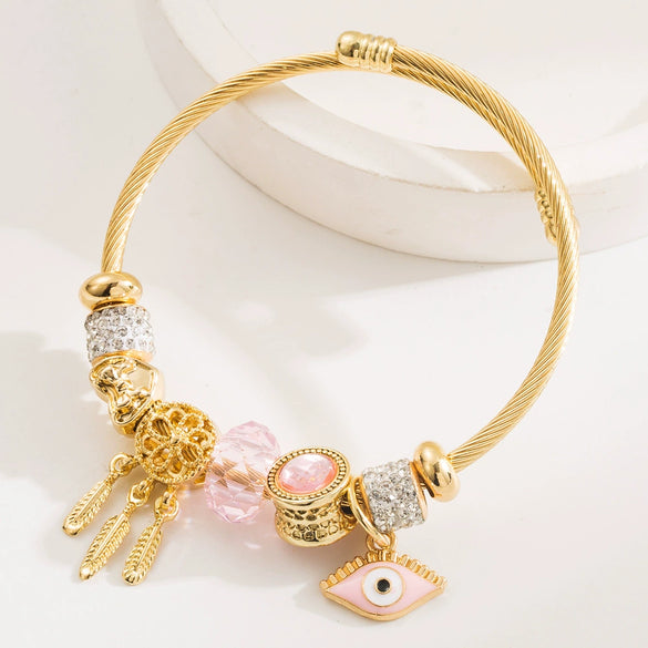 Fashion Women's Golden Devil's Eye Diamond Pendant Stainless Steel Alloy Bracelet