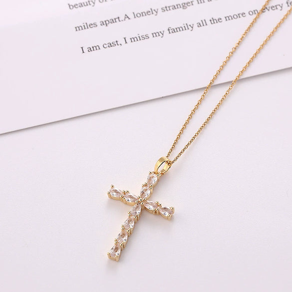 Fashion Women's Jewelry Copper Real Gold Electroplated Microinlay Colorful Zircon Water Drops Cross Necklace