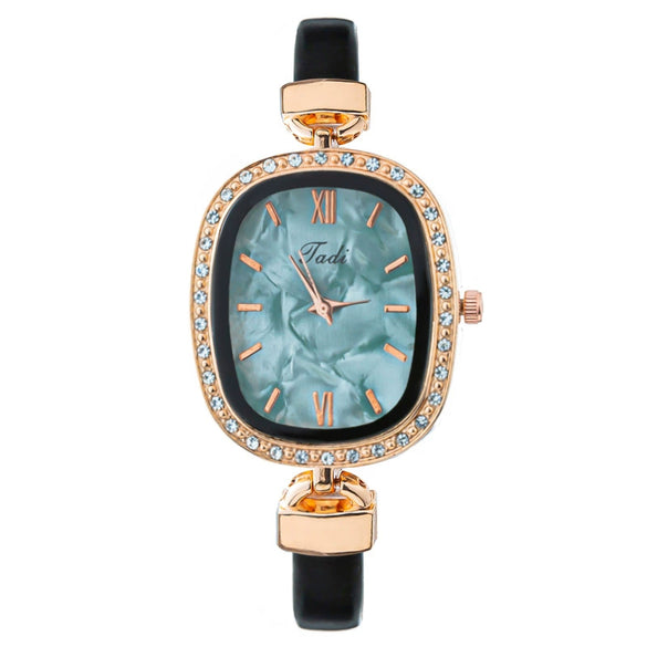 Fashion Women's Oval Alloy Case Imitation Leather Strap Quartz Watch With Stainless Steel Pin Buckle