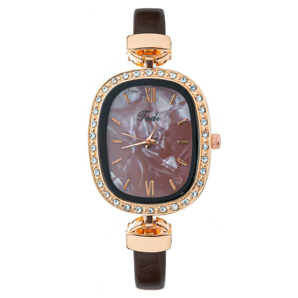 Fashion Women's Oval Alloy Case Imitation Leather Strap Quartz Watch With Stainless Steel Pin Buckle