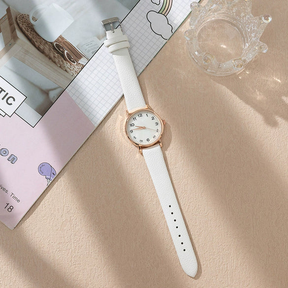 Fashion Women's Quartz Watch Alloy Case Imitation Leather Strap Stainless Steel Buckle Round Dial