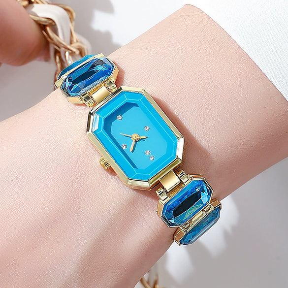 Fashion Women's Small Sugar Watch Bracelet With Large Gem Zinc Alloy Case Imitation Leather Strap Stainless Steel Buckle Round Dial Mineral Reinforced Glass Mirror Onion Crown