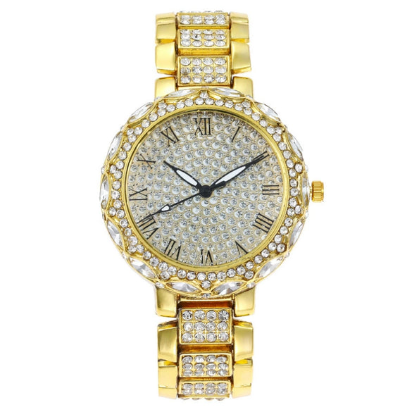 Fashion Women's Watch With Roman Pattern Diamondencrusted Metal Case And Strap Copper Clasp Round Dial Mineral Strengthened Glass Mirror