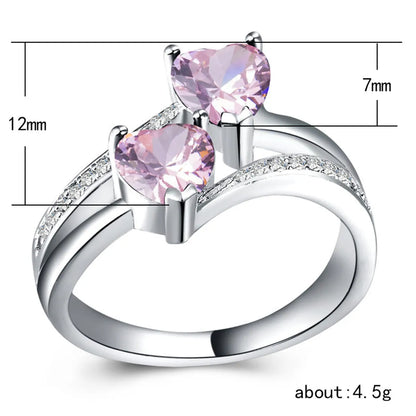 Fashion Zircon Ring Double Heart-Shaped Gemstone Platinum-Plated Copper Ring Jewelry Wholesale