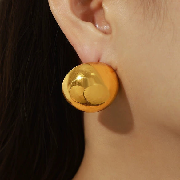 Fashionable All Match Golden Round Glossy Hollow Geometric Titanium Steel Electroplated Earrings For Women