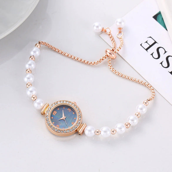 Fashionable Alloy Strap Round Dial Pullout Quartz Women's Watch With Imitation Pearl And Diamond