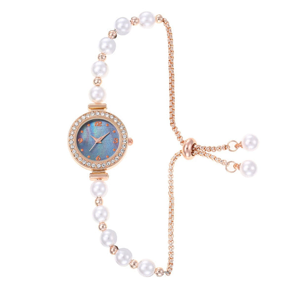 Fashionable Alloy Strap Round Dial Pullout Quartz Women's Watch With Imitation Pearl And Diamond