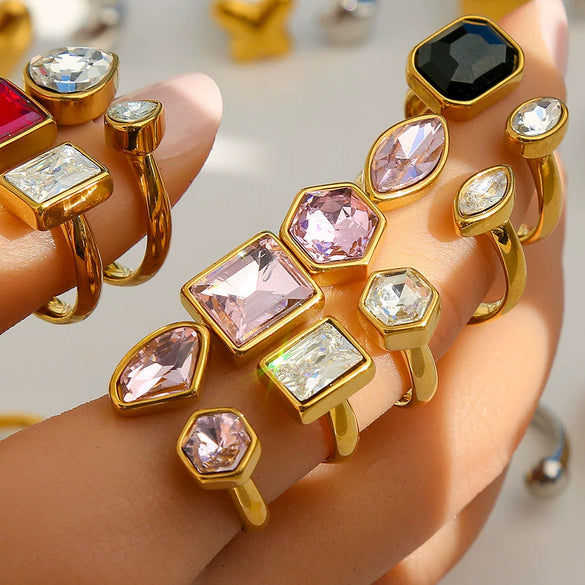 Fashionable Antique Electroplated Geometric Natural Semiprecious Stone Hexagonal Rhombus Ring Unisex Accessories