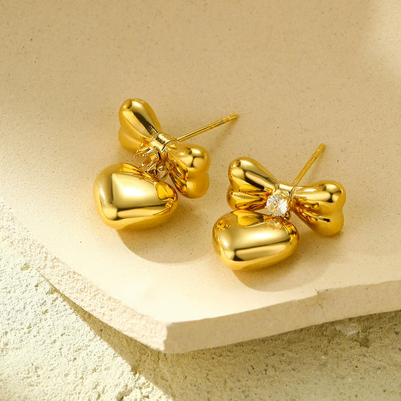 Fashionable Bow Titanium Steel And Stainless Steel Earrings For Women With Electroplating Treatment And Zircon Inlay