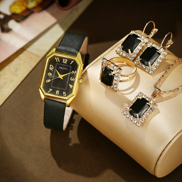 Fashionable Casual Leather Women's Square Quartz Watch And Rhinestone Jewelry Set With Stainless Steel And Pu Materials