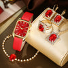 Fashionable Casual Leather Women's Square Quartz Watch And Rhinestone Jewelry Set With Stainless Steel And Pu Materials