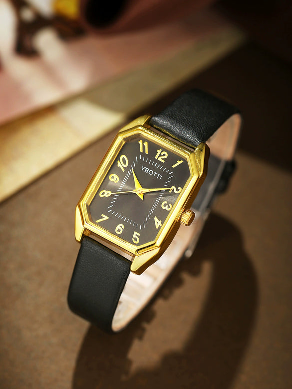 Fashionable Casual Leather Women's Square Quartz Watch And Rhinestone Jewelry Set With Stainless Steel And Pu Materials