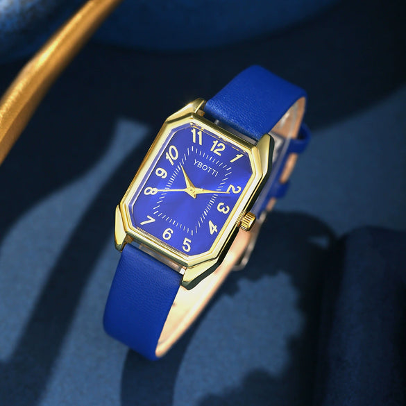 Fashionable Casual Leather Women's Square Quartz Watch And Rhinestone Jewelry Set With Stainless Steel And Pu Materials