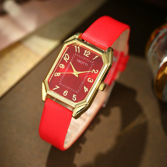 Fashionable Casual Leather Women's Square Quartz Watch And Rhinestone Jewelry Set With Stainless Steel And Pu Materials