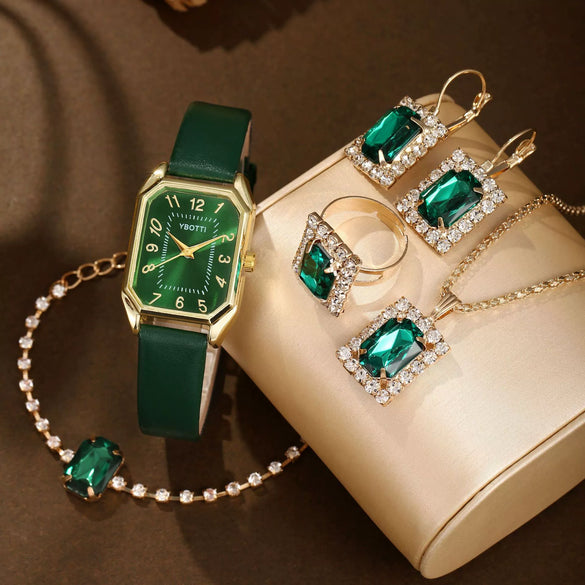 Fashionable Casual Leather Women's Square Quartz Watch And Rhinestone Jewelry Set With Stainless Steel And Pu Materials