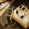 Fashionable Casual Leather Women's Square Quartz Watch And Rhinestone Jewelry Set With Stainless Steel And Pu Materials