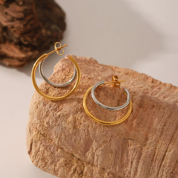 Fashionable Colorblocked Doublelayer Cshaped Titanium Steel Women's Earrings With Geometric Style And Electroplating Design