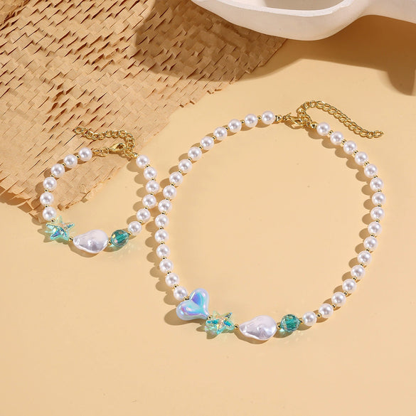 Fashionable Colorful Conch And Starfish Beaded Necklace And Bracelet Set With Imitation Pearls Porcelain Pendant Sea Life Pattern Electroplating For Women