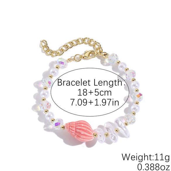 Fashionable Colorful Conch And Starfish Beaded Necklace And Bracelet Set With Imitation Pearls Porcelain Pendant Sea Life Pattern Electroplating For Women
