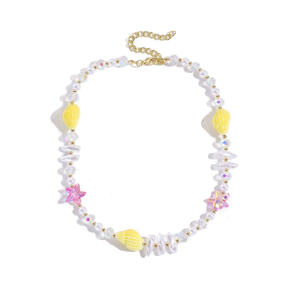 Fashionable Colorful Conch And Starfish Beaded Necklace And Bracelet Set With Imitation Pearls Porcelain Pendant Sea Life Pattern Electroplating For Women