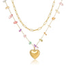 Fashionable Colorful Natural Stone Heart Double Layer Stacked 18K Gold Plated Titanium Steel Necklace For Women