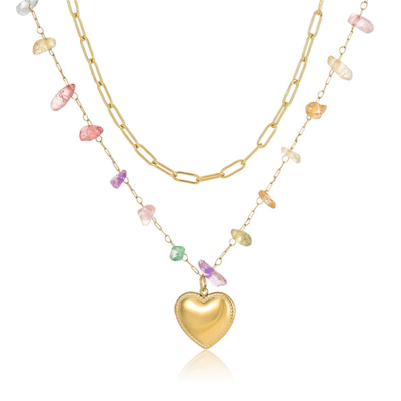 Fashionable Colorful Natural Stone Heart Double Layer Stacked 18K Gold Plated Titanium Steel Necklace For Women