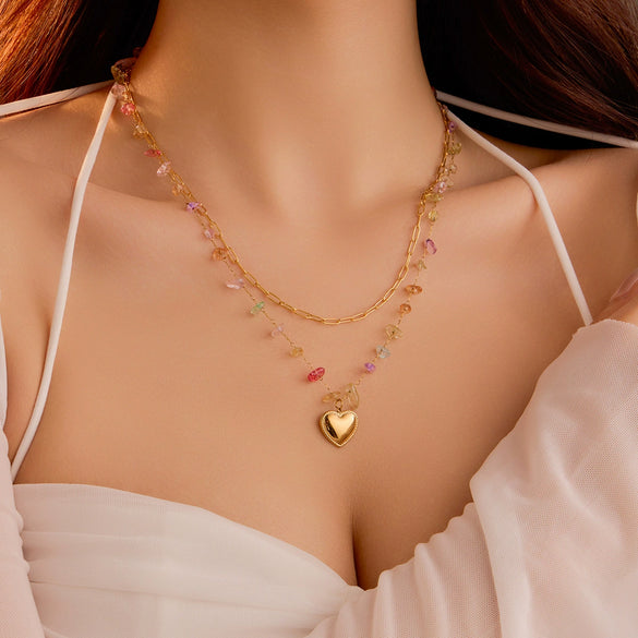 Fashionable Colorful Natural Stone Heart Double Layer Stacked 18K Gold Plated Titanium Steel Necklace For Women