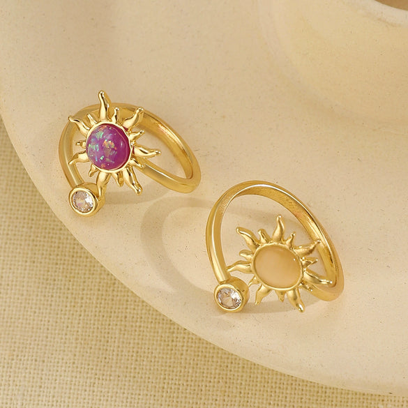 Fashionable Cool Trendy Women's Copper Inlaid Zirconium Cat's Eye Sunflower Ring Electroplated