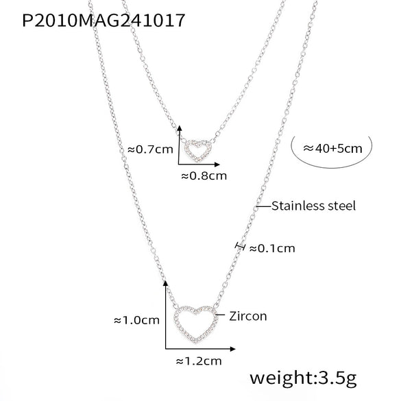 Fashionable Doublelayer Love Cnc Inlaid Zircon Stainless Steel And Titanium Steel Necklace With Geometric Design And Electroplating Treatment