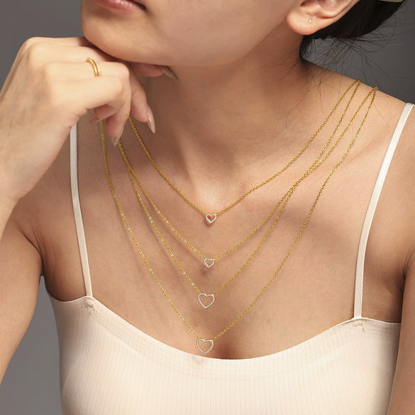 Fashionable Doublelayer Love Cnc Inlaid Zircon Stainless Steel And Titanium Steel Necklace With Geometric Design And Electroplating Treatment
