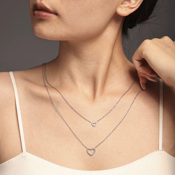 Fashionable Doublelayer Love Cnc Inlaid Zircon Stainless Steel And Titanium Steel Necklace With Geometric Design And Electroplating Treatment