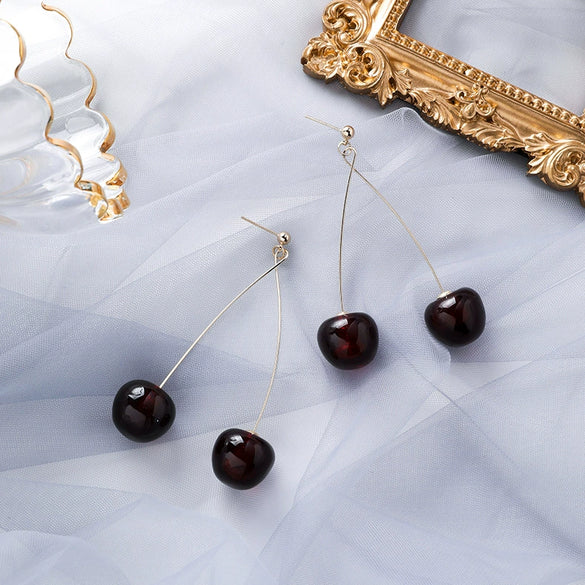 Fashionable Elegant Long Wine Red Cherry Geometric Earrings Made Of Alloy With Electroplating Design For Women In Autumn And Winter