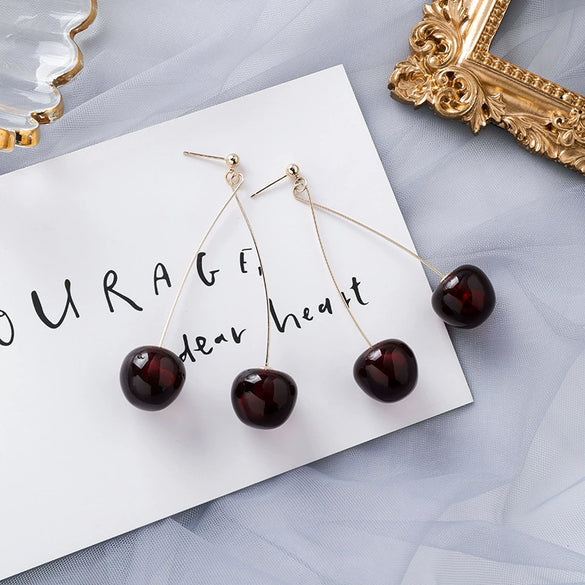Fashionable Elegant Long Wine Red Cherry Geometric Earrings Made Of Alloy With Electroplating Design For Women In Autumn And Winter