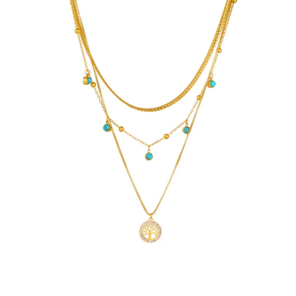 Fashionable Elegant Simple Design Multi Layer Stacked Clavicle Chain With Life Tree Turquoise Pendant Stainless Steel Necklace Electroplated