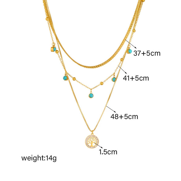 Fashionable Elegant Simple Design Multi Layer Stacked Clavicle Chain With Life Tree Turquoise Pendant Stainless Steel Necklace Electroplated