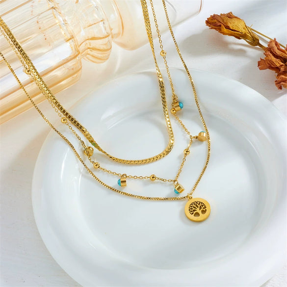 Fashionable Elegant Simple Design Multi Layer Stacked Clavicle Chain With Life Tree Turquoise Pendant Stainless Steel Necklace Electroplated