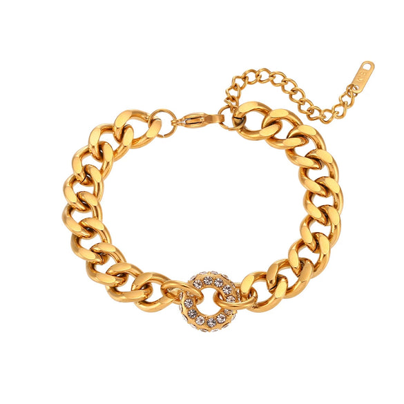 Fashionable Elegant Stainless Steel Bracelet With Geometric Donut Pendant And Cubic Zirconia Electroplated